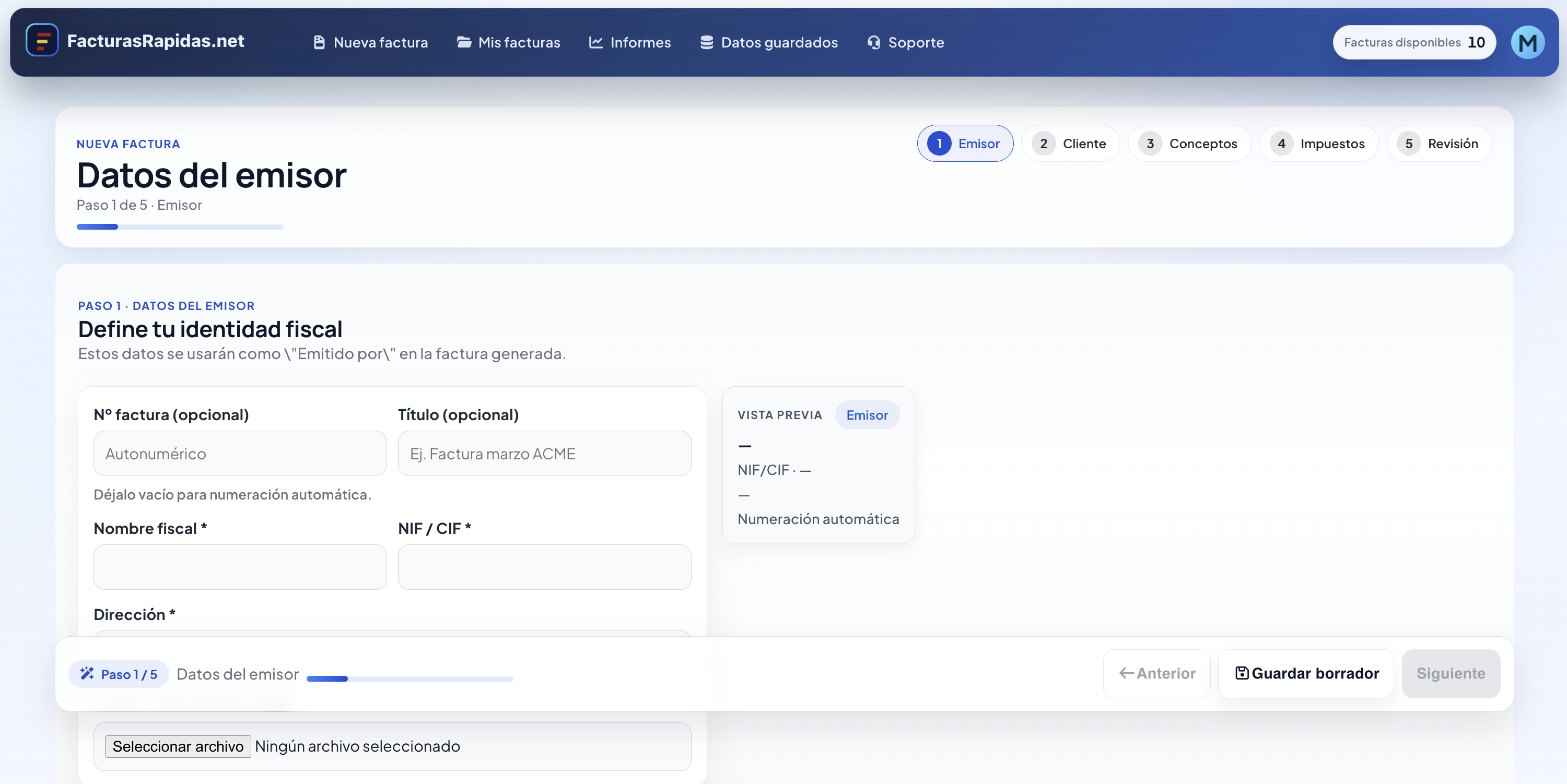 Paso 5 del wizard: revisión y emisión de factura