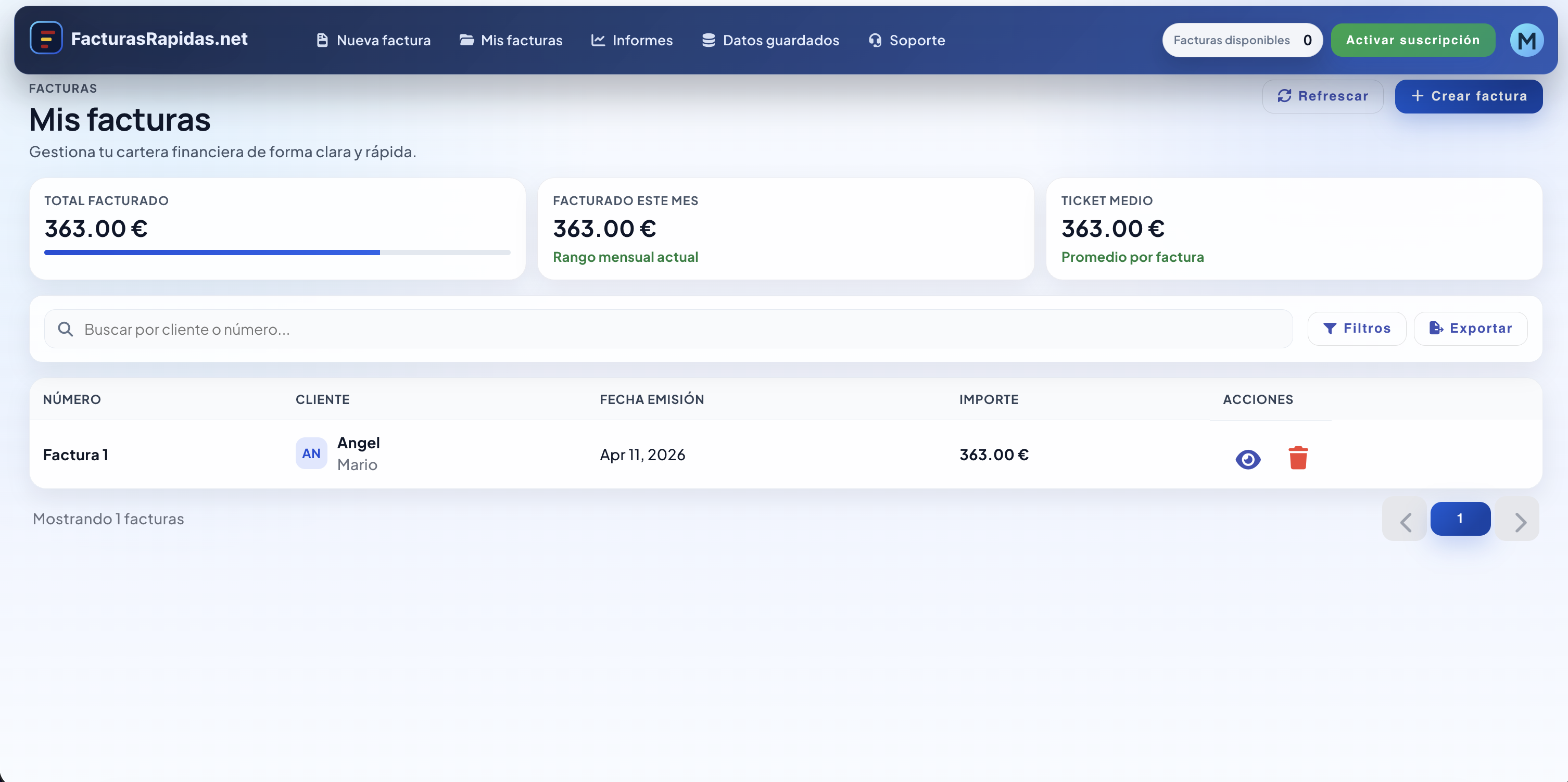 Vista de facturas en FacturasRapidas.net