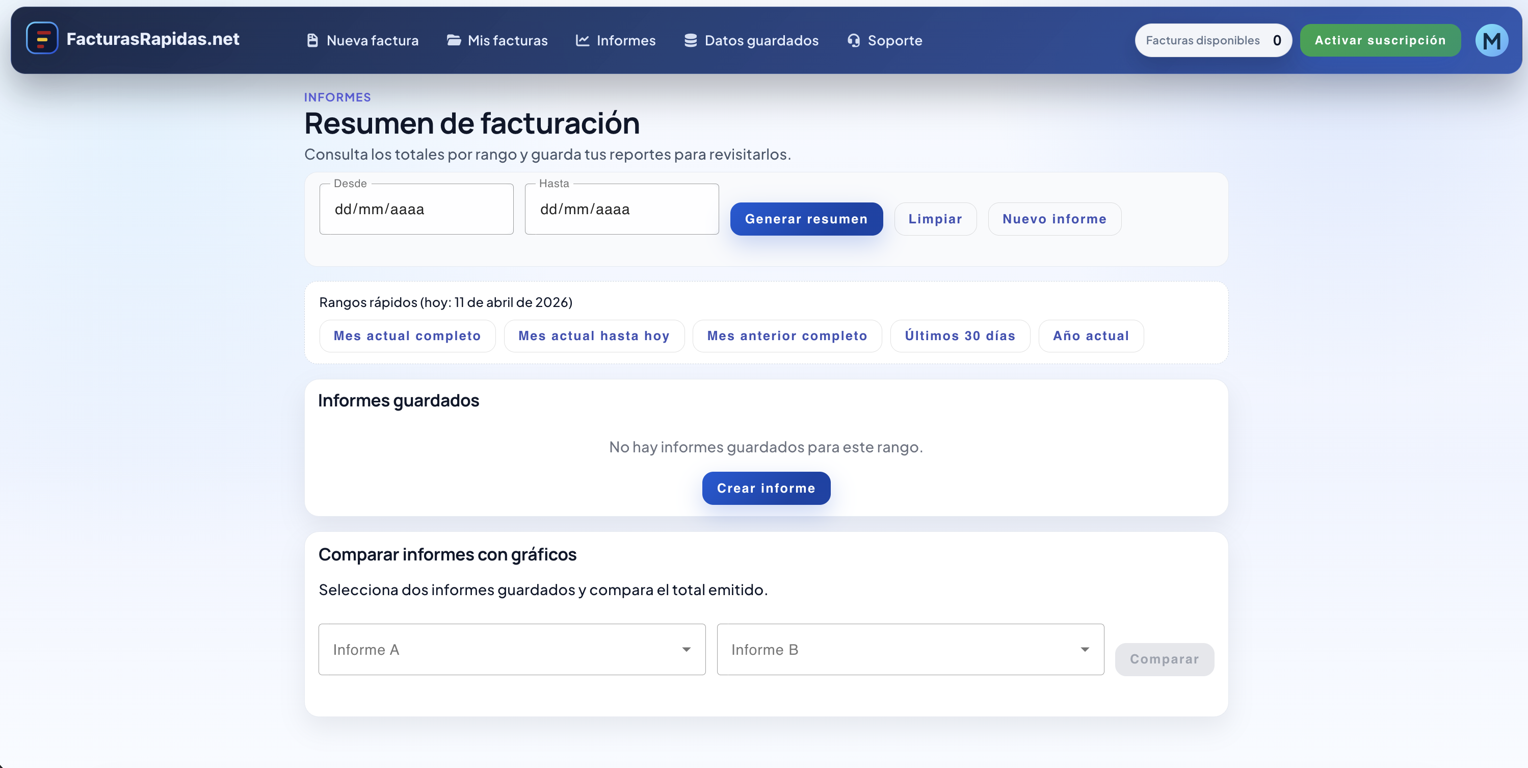 Pantalla del módulo de informes
