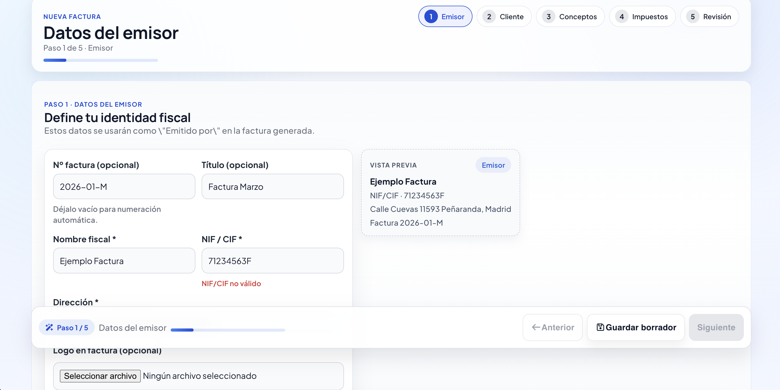 Paso 1 del wizard: datos del emisor