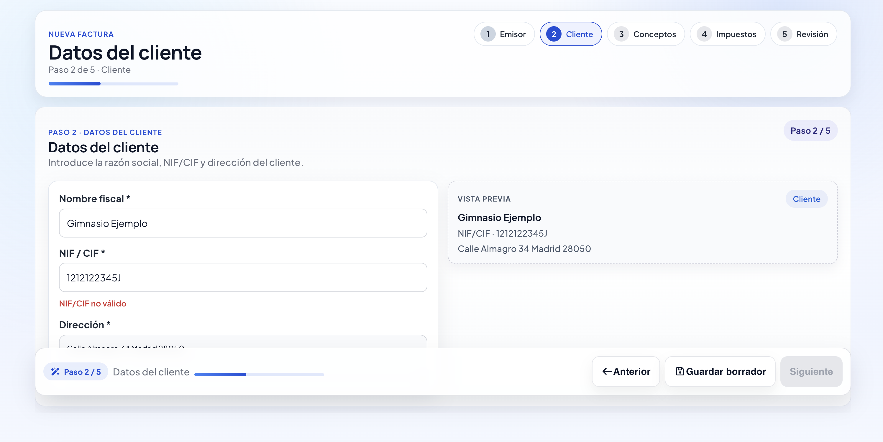 Paso 2 del wizard: selección de cliente