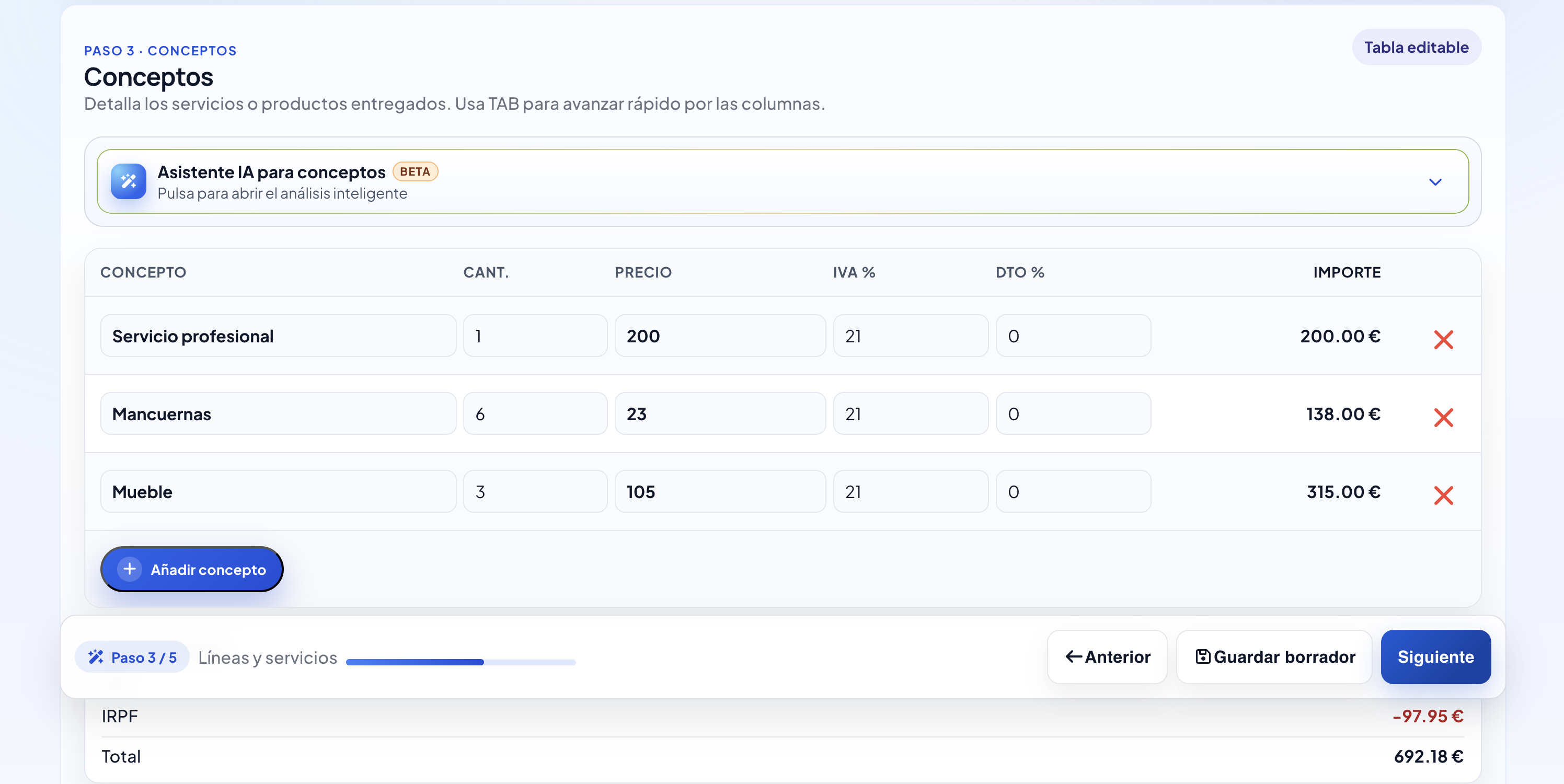 Paso 3 del wizard: edición de conceptos