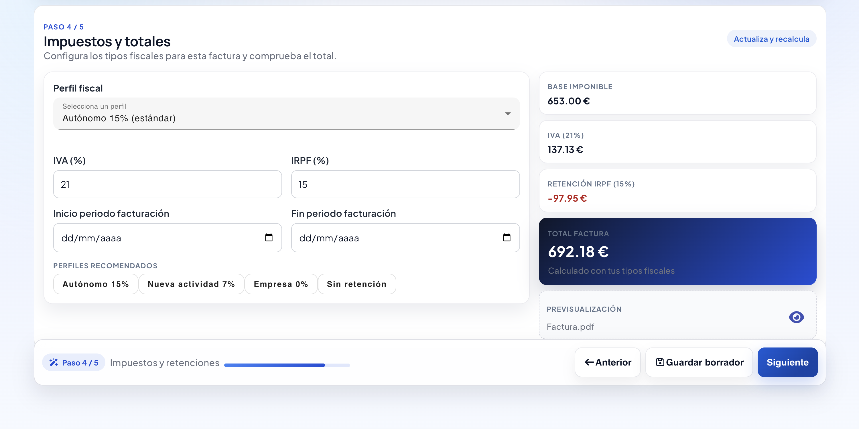 Paso 4 del wizard: configuración de impuestos